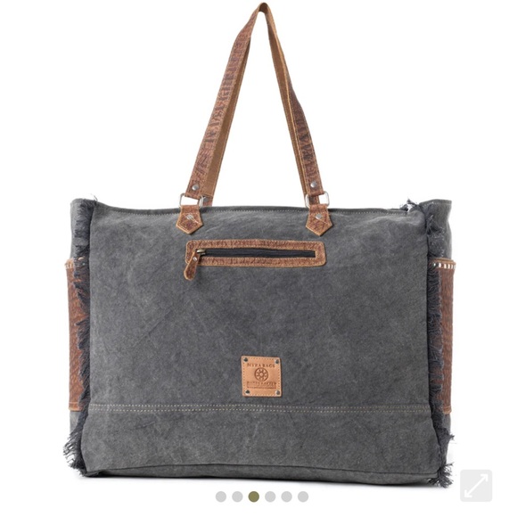 Myra Bag Brown and Black weekender Travel Bag with cowhide - Picture 3 of 6